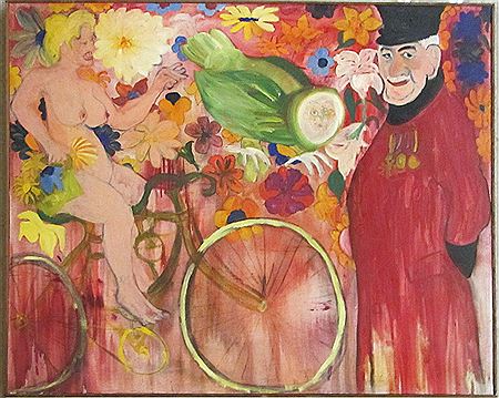 Naked bicycle ride, featuring a woman riding a bike on the left, an owl in the center, and a man standing on the right.