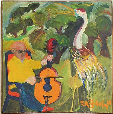 Man playing a cello outdoors with birds and trees.