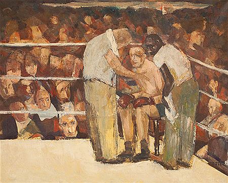 Boxing Match, the boxer sitting in the corner being coached with a crowd of onlookers.