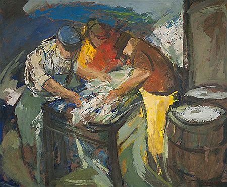 Fish Market, three men handling fish on a table, 1967. by Jefferson Tester - Auction record, sale price, and art valuation. Compare with similar artists and explore comparable artworks.