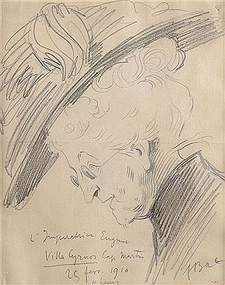 Portrait de l’Impératrice Eugénie de profil, à la villa Cyrnos du Cap Martin, le 25 février 1910 by Ferdinand Bac - Auction record, sale price, and art valuation. Compare with similar artists and explore comparable artworks.