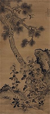 INK PINE TREE, CHRYSANTHEMUM, ORCHID AND ROCK (hanging scroll)