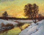 Winterlandschaft mit Rehen an Flussufer, intensives Abendrot