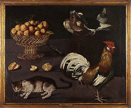 Natureza morta com galo, gato e aves