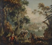 Paesaggio fluviale con cavalieri e popolani