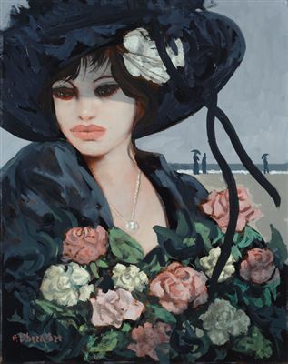 Woman on the beach with flowers