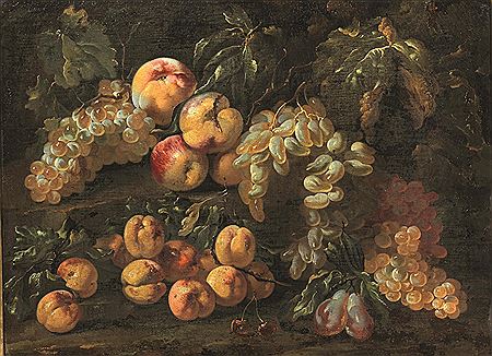 PAIR: COMPOSITION OF FRUIT TO ' OPEN WITH PEACHES AND GRAPES AND COMPOSITION OF FRUIT TO ' OPEN WITH A CUP OF GLASS