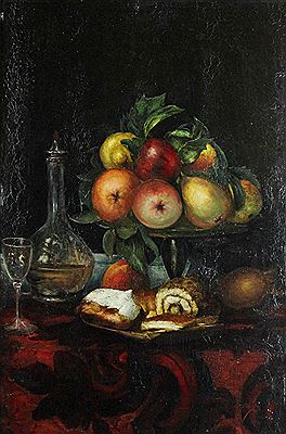 STILL LIFE WITH CARAFE, FRUIT AND CAKE