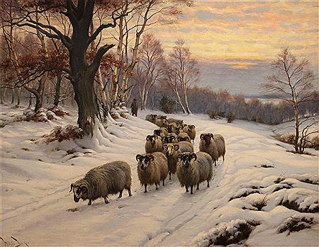 SHEPHERD AND FLOCK ON A PATH IN WINTER