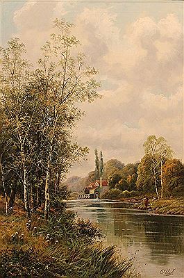 RIVER LANDSCAPE WITH A WATERMILL IN THE BACKGROUND