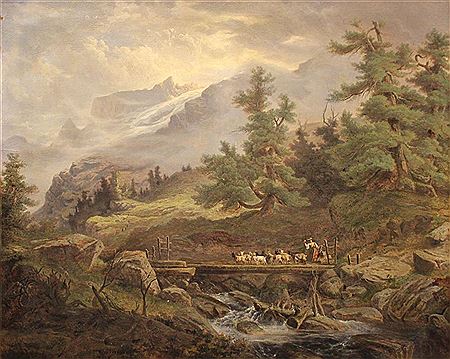 ALPINE LANDSCAPE WITH GOATS AND GOAT HERDER