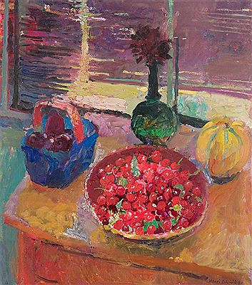 Stillleben mit Kirschen, Pflaumen und Honigmelone, 1980