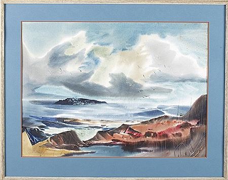 Seascape with flying gulls