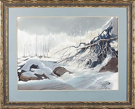 Winter landscape with trees and pond