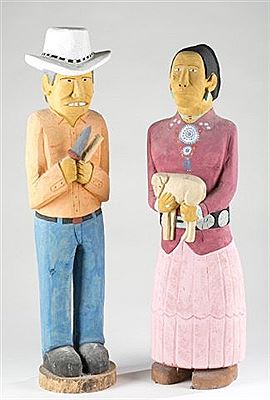 One Navajo man whittling wood, and "Woman Holding Sheep" (pair)