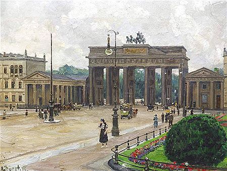 Berlin - Das Brandenburger Tor, mit Auto, Pferdefuhrwerken und zahlreichen Passanten. 1915