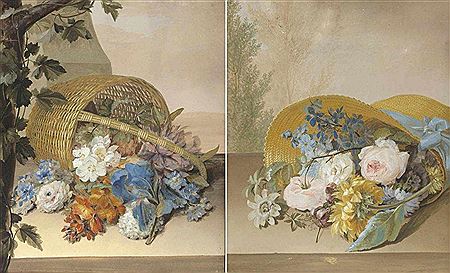 Summer flowers in baskets before landscapes