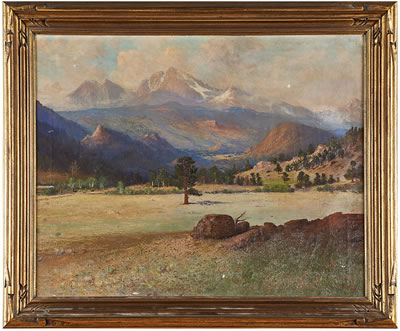 Three oils on canvas: Long's Peak, Lake Odessa, and View from Devil's Gulch Road, each 1911