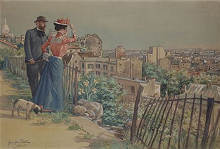 Couple looking at the roofs of Paris, 1901