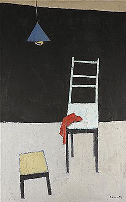 Chaise, tabouret et lampe bleue