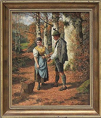 Rendezvous eines Bauerpaares in herbstlichem Birkenwald by Fritz Bergen - Auction record, sale price, and art valuation. Compare with similar artists and explore comparable artworks.