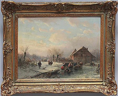 Winterlandschaft in der Dämmerung mit Schlittschuhläufern auf einem zugefrorenen Kanallauf.