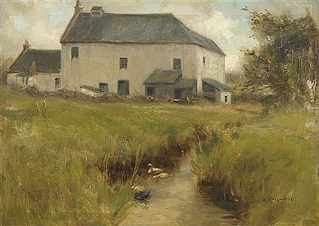 Landscape with farmhouse and ducks swimming in stream by Donald Macquarrie - Auction record, sale price, and art valuation. Compare with similar artists and explore comparable artworks.