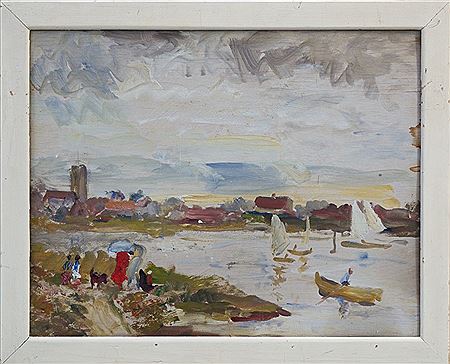 The Boating Lake, Walton on the Naze, with family members on the bank and the church beyond