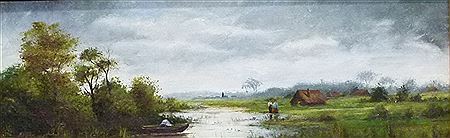 Dachauer Moorlandschaft mit Personen und Fischerkahn