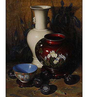Trompe still life with Chinese Porcelain and Plums