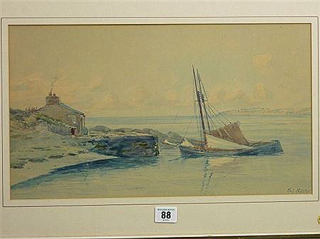 Masted boats moored at a small quay with cottage, possibly Beaumaris area looking over to Penmaenmawr by Philip Osment - Auction record, sale price, and art valuation. Compare with similar artists and explore comparable artworks.