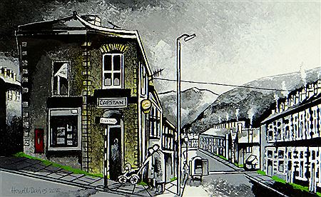 Terraced valley street scene with corner shop