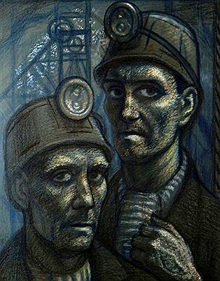 Head and shoulders portrait of two coal miners wearing their helmets and with winding gear in background