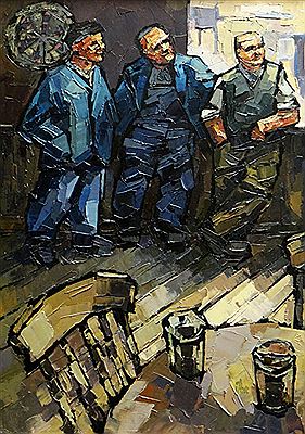 Quarrymen in conversation in a pub (triptych)