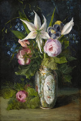 Blomsterstilleben med rosor, förgätmigej (Myosotis scorpioides) och vita madonnaliljor (Lilium candidum) i kinesisk vas by Anna Billing - Auction record, sale price, and art valuation. Compare with similar artists and explore comparable artworks.