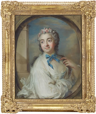Porträtt av friherrinnan Charlotta Fredrika Sparre, grevinna von Fersen "en peignoir, dans une lucarne, regardant un cadran solaire, qui indique midi passé ..." - midjebild