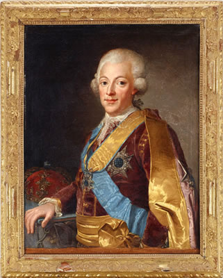 Porträtt av Gustav III klädd i lilla Serafimerdräkten, vit, nedvikt krage, spetskantad och med spetskrås, spetsmanschetter och pudrad frisyr - midjebild