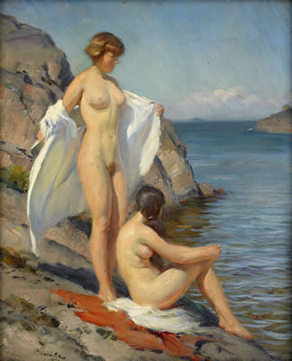 Bathing girls on rocks