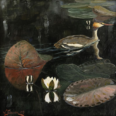 Grebe at flowering lilies by William Gislander - Auction record, sale price, and art valuation. Compare with similar artists and explore comparable artworks.
