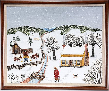 Winter Scene With House, Barn and Cows