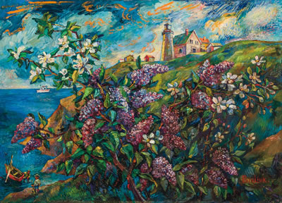 Lighthouse on the Hill with Lilacs