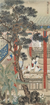 LADIES EMBROIDERING A HUNDRED BUTTERFLIES