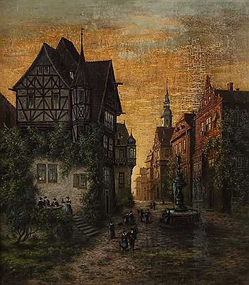 "Straße einer alten Stadt, Abend", Bacharach am Rhein, Blick in eine Häuserzeile mit mittelalterlichen Gebäuden, Flanierende um den Brunnen vor dem ältesten Haus der Stadt und eine Gartenschänke