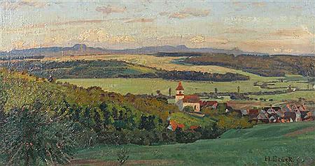 Blick auf Zell, das Neckartal und die Schwäbische Alb, links Deizisau", im Sommer