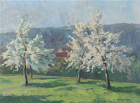 "Blühende Obstbäume", vor einem Haus in hügeliger Landschaft