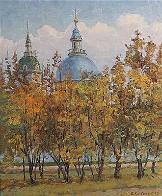 Orthodoxe Kirchen hinter Alleebäumen", in herbstlicher Sonne by Vladimir Alexeevich Krivonosov - Auction record, sale price, and art valuation. Compare with similar artists and explore comparable artworks.