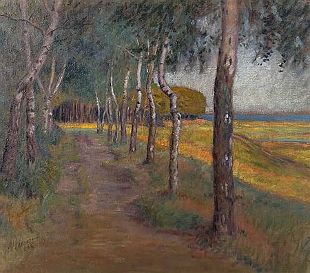 "Sommerabend, Wustrow an der Ostsee", Landschaft mit Birkenallee hinter Strand by Alfred Wiegmann - Auction record, sale price, and art valuation. Compare with similar artists and explore comparable artworks.