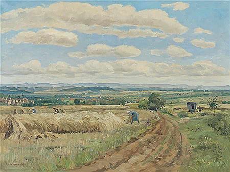 "Schwäbischer Sommer, Ammertal", weite Landschaft mit Teck und Neuffen im Hintergrund, im Vordergrund Bauern bei der Kornernte vor dem Ort