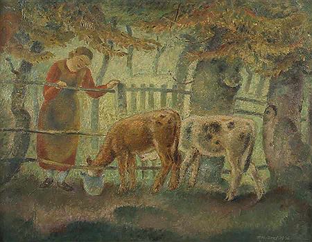 "Kälber auf der Weide", stilisierte Darstellung einer am Zaun stehenden Magd, die Kleintiere beim Trinken beobachtend by Franz Heinrich Gref - Auction record, sale price, and art valuation. Compare with similar artists and explore comparable artworks.