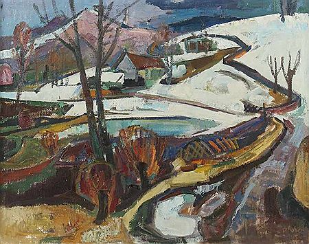 "Schneeschmelze" vor dem Ort, mit grünenden Wiesen um einen Weiher in der Ebene und noch schneebedeckten Hügeln, dazwischen vereinzelte Häuser